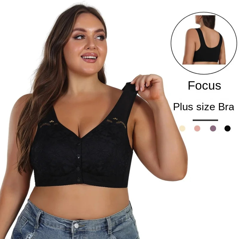 Soft Cotton Thin Cup Front Buckle Underwear Middle-aged Elderly Women Lace No Underwire Vest Type Extra Large Comfortable Bra
