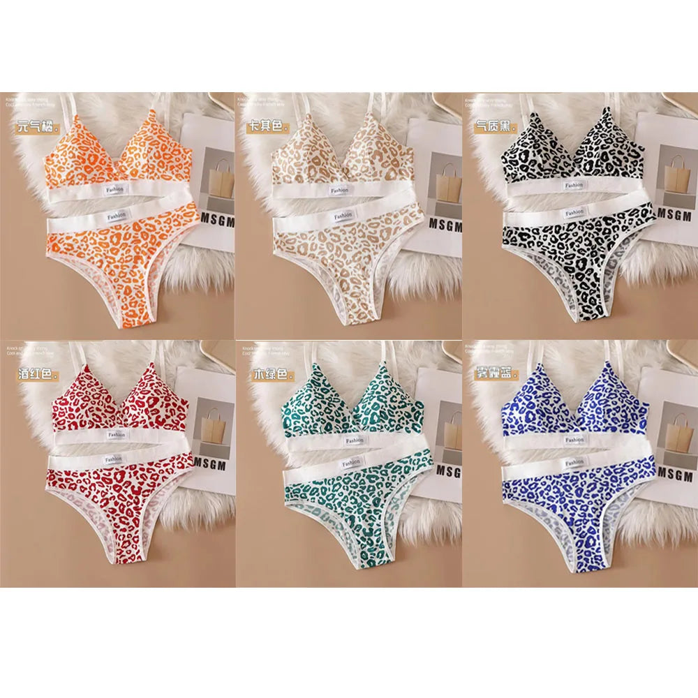 1/5/6Sets New Women's Leopard Print Traceless and Steel Rim Bra Adjustable Shoulder Strap Back Women's Underwear Set