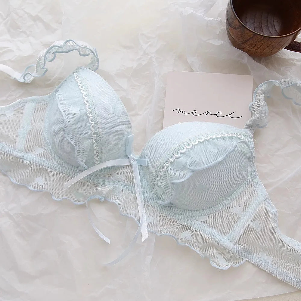 Japanese-style sweet bow lace lingerie for girls, pure and unrestrained, small-cut, curse-fitting bra