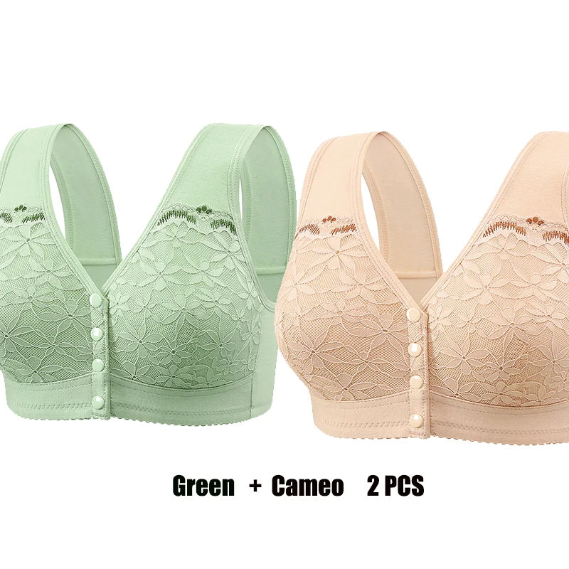 Soft Cotton Thin Cup Front Buckle Underwear Middle-aged Elderly Women Lace No Underwire Vest Type Extra Large Comfortable Bra