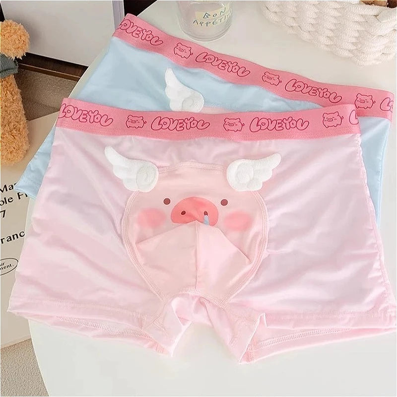 Cute Boys Flat Boxers Ice Silk Pink Piggy Men Underwear Cartoon U Convex Pouch Boxer Shorts Summer Panties Briefs Boyfriend Gift