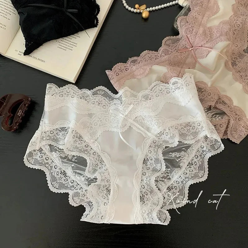Sexy French Lace Underwear Pure Cotton Crotch Antibacterial Satin Ladies Triangle Panties Comfortable Women's Underwear