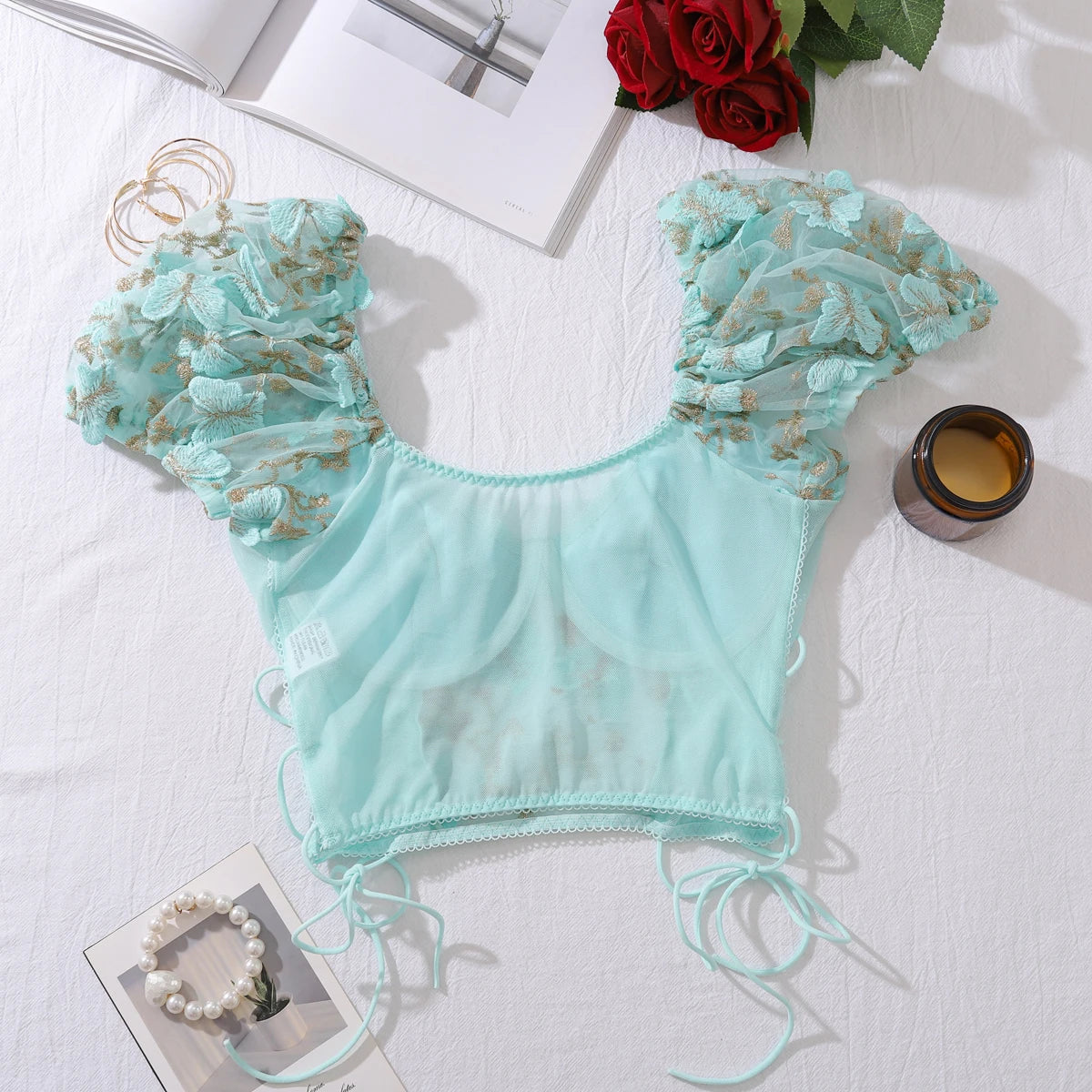 2 Pcs Sexy Lace Flower Embroidery Underwear Set Women's Bra Mesh Bubble Sleeve Tether Top with Steel Ring Bras and Thongs Sets