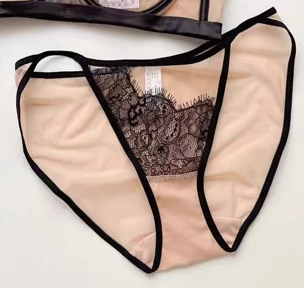 MOYISU Premium Sheer Mesh Bra Set Fringed Lace Half-Cup Minimizer, Ultra-Thin Luxury Lingerie Full Bust Coverage Slim Silhouette
