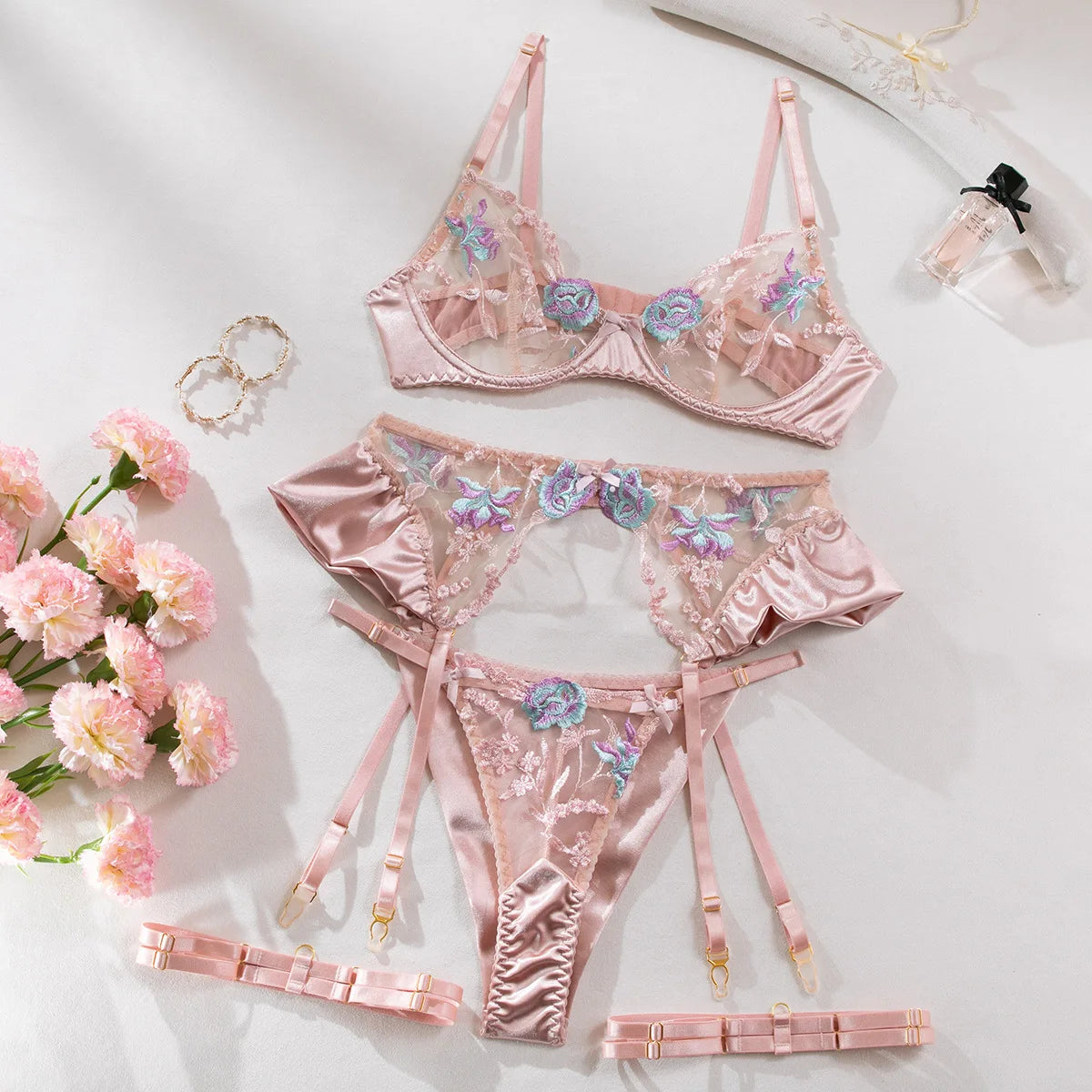 Sensual Women Lingerie Fancy Floral Sheen Silk Underwear Transparent Garter Exotic Sets Fairy Luxury Intimate Goods