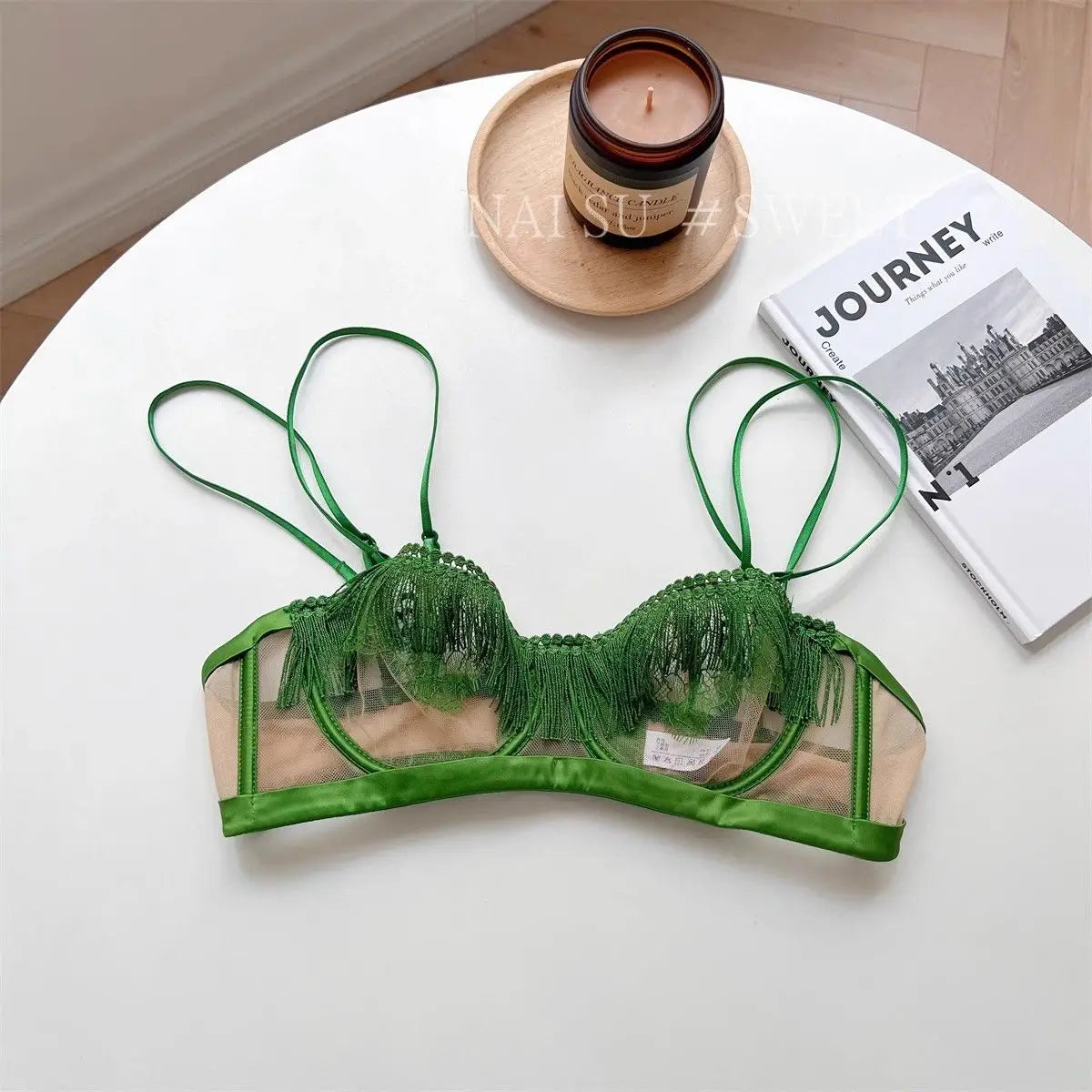 MOYISU Premium Sheer Mesh Bra Set Fringed Lace Half-Cup Minimizer, Ultra-Thin Luxury Lingerie Full Bust Coverage Slim Silhouette