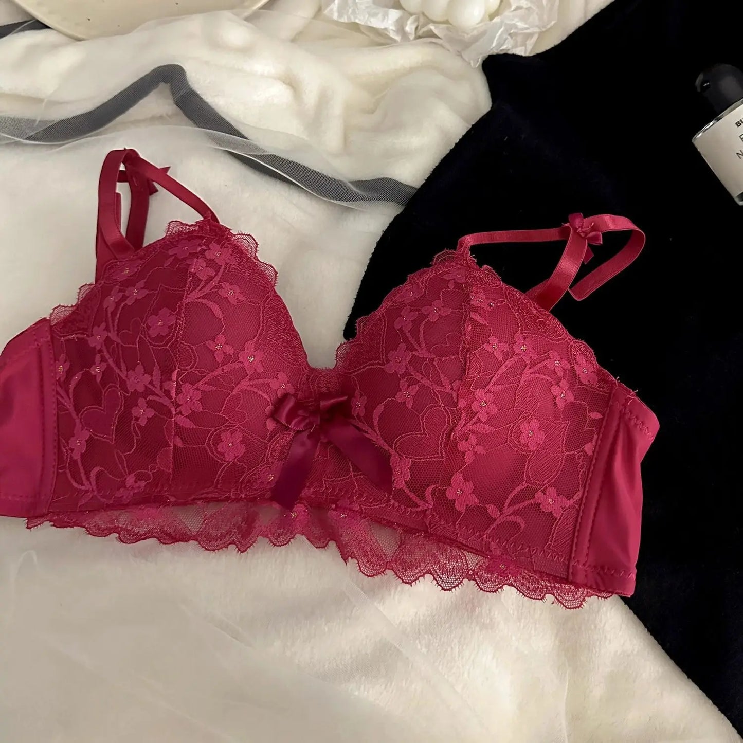 Sexy Embroidered Underwear Small Breasts Gathered Without Steel Ring Top Support Anti-Sagging Breathable Lace Lace Bra Set