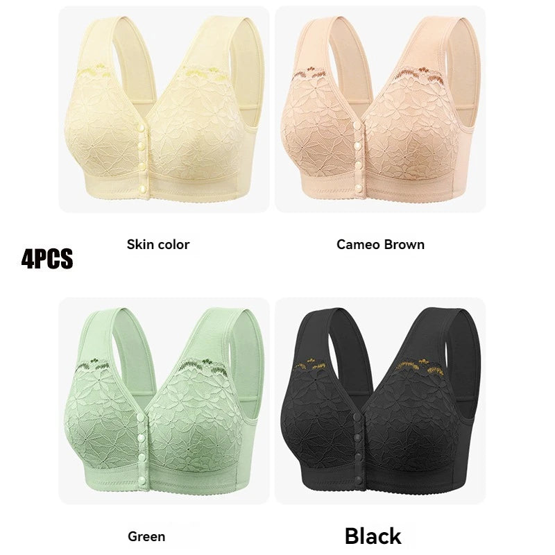 Soft Cotton Thin Cup Front Buckle Underwear Middle-aged Elderly Women Lace No Underwire Vest Type Extra Large Comfortable Bra