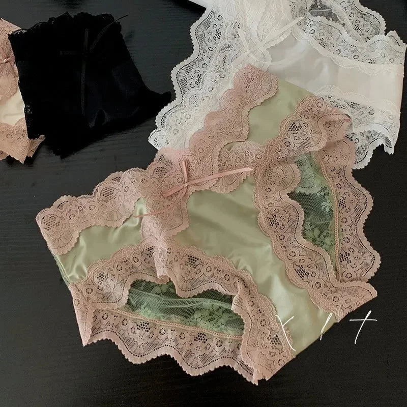 Sexy French Lace Underwear Pure Cotton Crotch Antibacterial Satin Ladies Triangle Panties Comfortable Women's Underwear