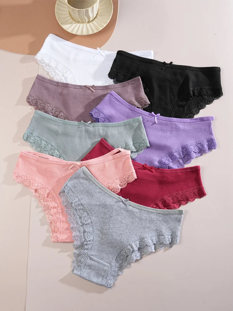 8PCS Women's Cotton Fabric Panties Sexy Lace Bowknot Solid Color Bikini Underpants Fashion Double Straps Comfortable Underwear