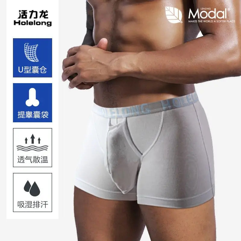 Man Breathable Boxers with Bulge U-Convex Penis Pouch Seperate Modal Soft Open Hole Lingerie Slips Big Enhancing Short Underwear