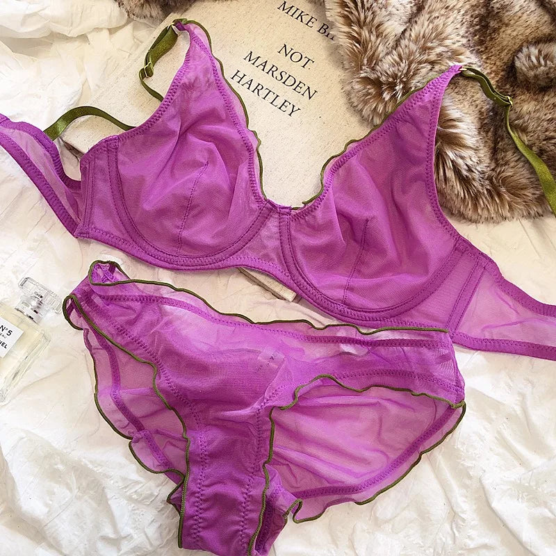 Elegant French Design Minimizer Bra Fashion Triangle Cups Structural Support Mesh Lingerie Set 32-40 MOYISU Sexy Panty Tushy Set