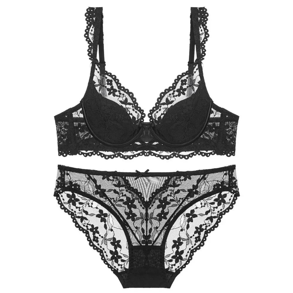 Sexy Lace Bow Thin Section Bra Small Breasts Gathered Collect Vice Breasts Comfortable Soft Steel Ring Anti-Sagging Bra Set