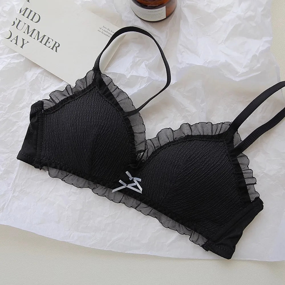 French Lace Triangle Cup Girls Underwear Thin Section Mesh Texture Sense of Small Breasts Gathered Without Steel Ring Bra Set
