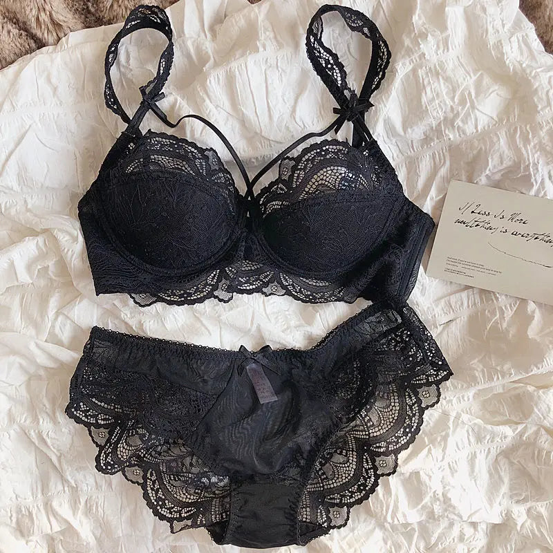 MOYISU Sexy Lace Bralette Set Small Busts French Design Removable Straps with Thin Push Up Pads, Soft Underwire Bra Cover Top