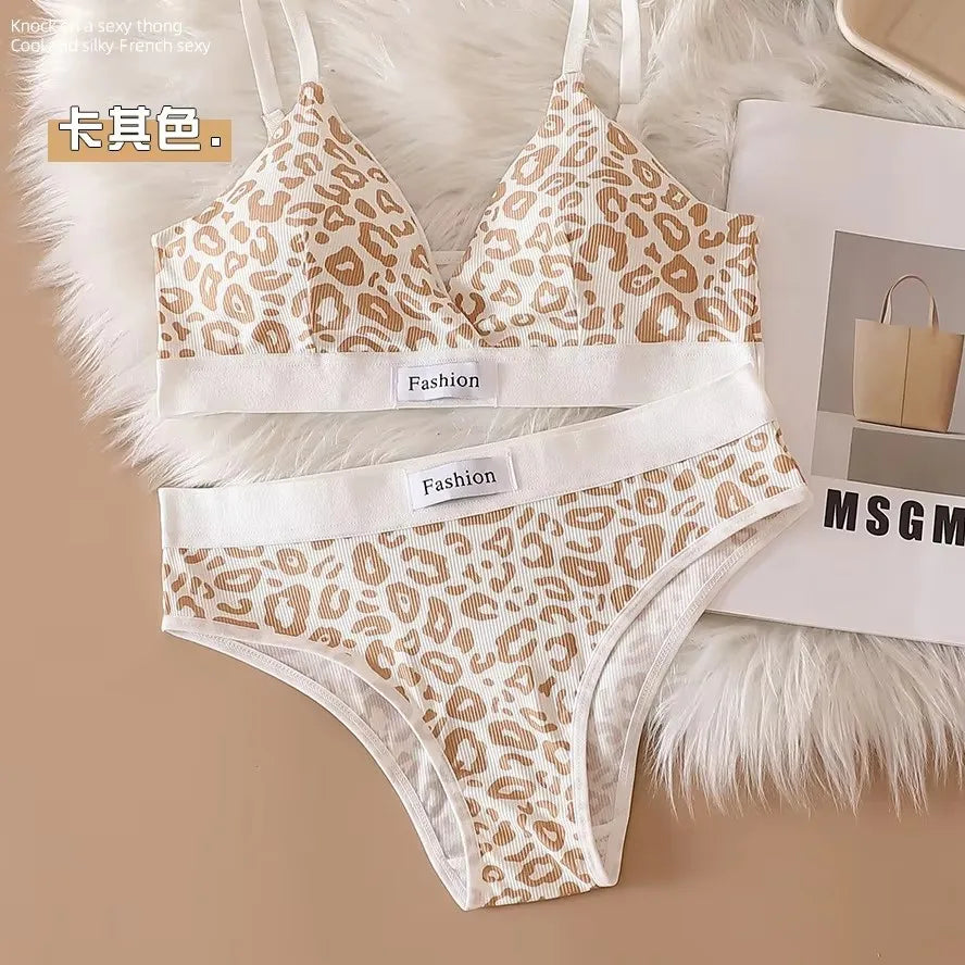 1/5/6Sets New Women's Leopard Print Traceless and Steel Rim Bra Adjustable Shoulder Strap Back Women's Underwear Set