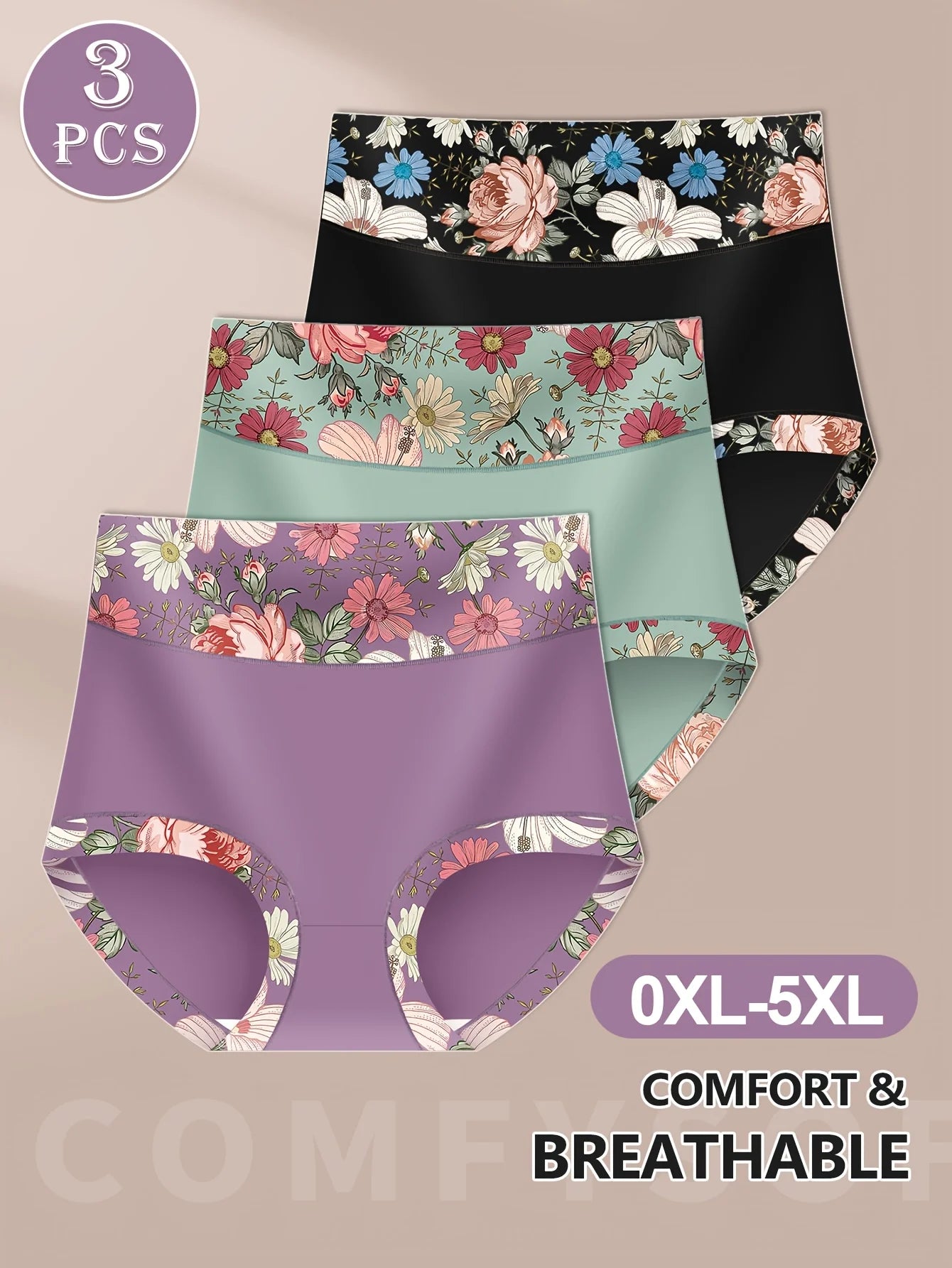 3pcs Plus Size High-Waist Shapewear Panties for Women - Tummy Control & Butt Lift, Comfort Fit with Elegant Floral Print