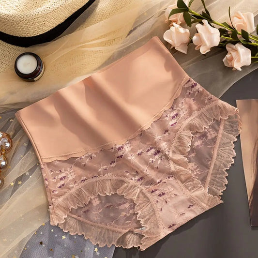 Ultrathin Lace Panties for Women Cotton Crotch Ice Silk Mesh Flower Briefs High Waist Underpants Seamless Underwear Gifts