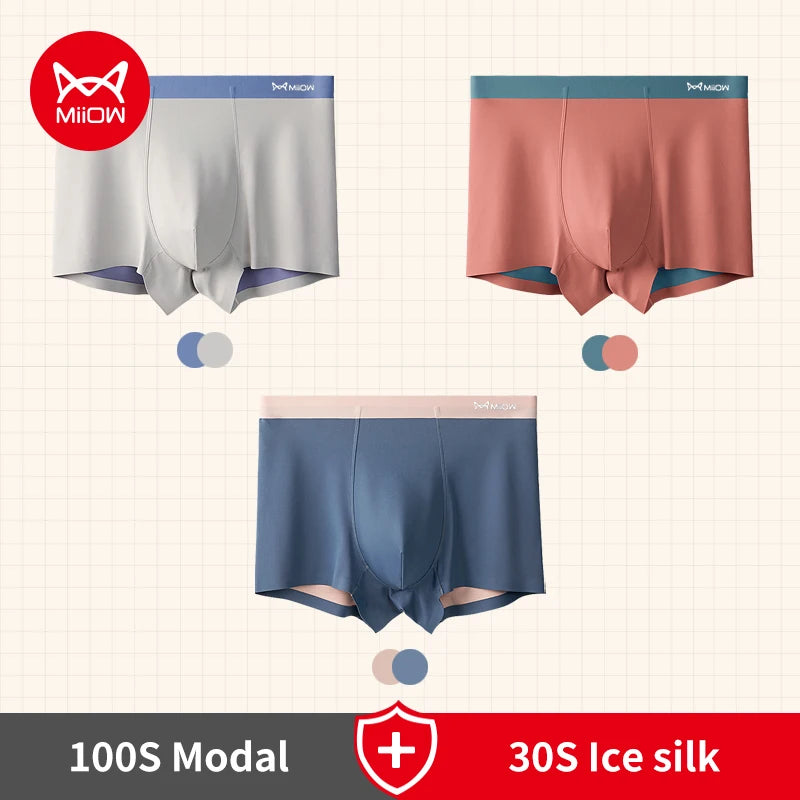 MiiOW 3pcs 100S Modal Men Boxers Underwear Ice Silk Light Men's Panties Boxershorts 5A Antibacterial Breathable Man Underpants