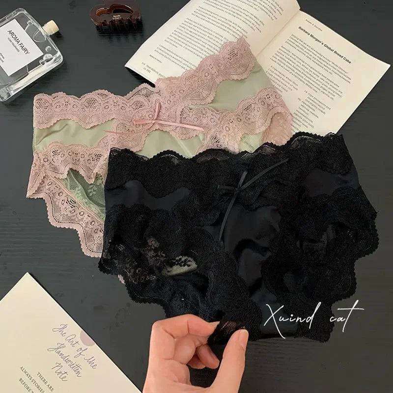 Sexy French Lace Underwear Pure Cotton Crotch Antibacterial Satin Ladies Triangle Panties Comfortable Women's Underwear