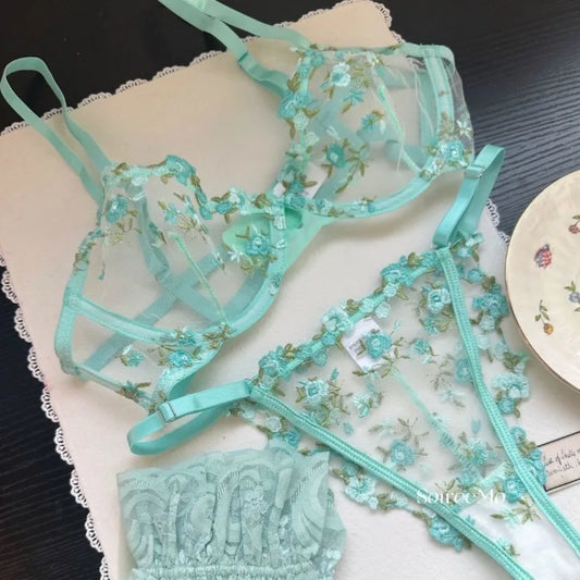 Women's French Embroidered Lace Set Sensual Mesh Bra Set & Brief Soft Underwire Unpadded Bralette Deep V Plunge Elegant Lingerie