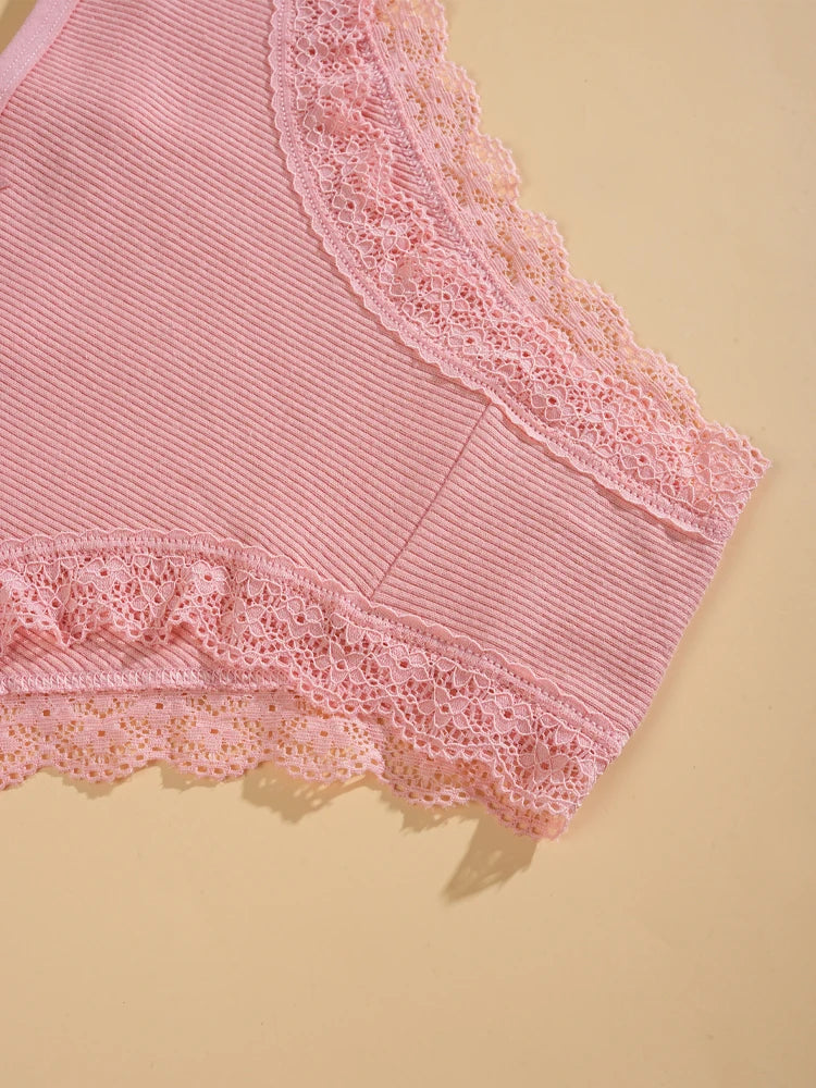 8PCS Women's Cotton Fabric Panties Sexy Lace Bowknot Solid Color Bikini Underpants Fashion Double Straps Comfortable Underwear