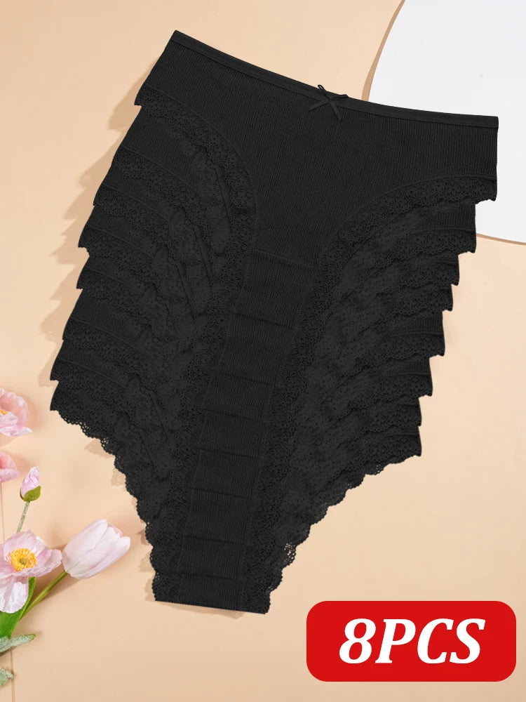8PCS Women's Cotton Fabric Panties Sexy Lace Bowknot Solid Color Bikini Underpants Fashion Double Straps Comfortable Underwear