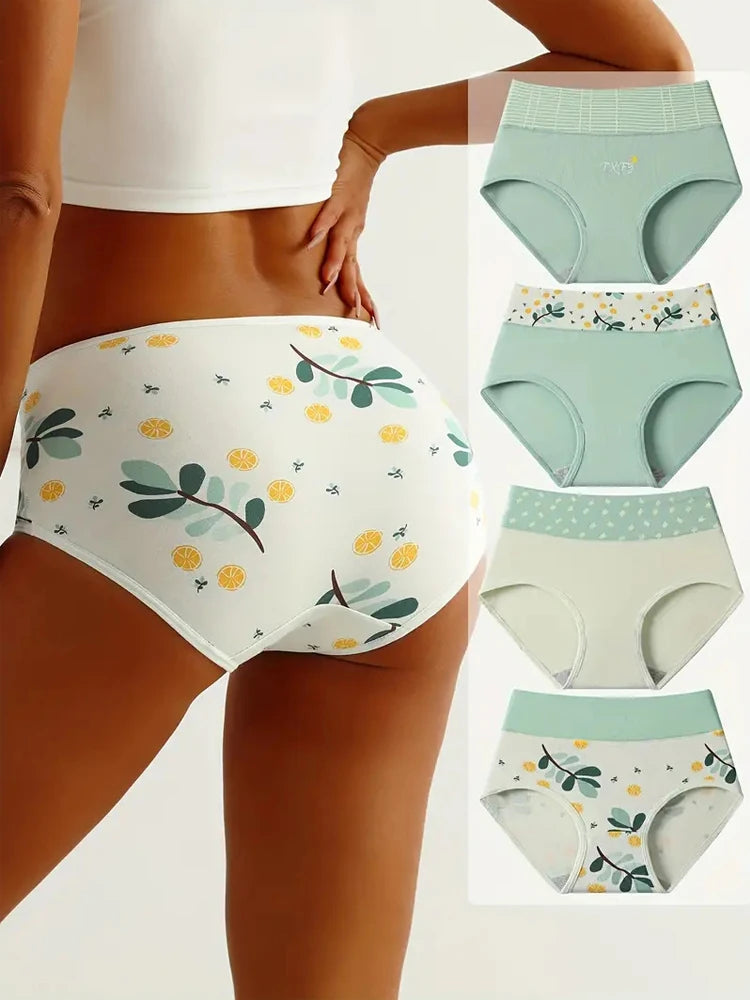 4Pcs High Waist Cotton Women Panties Breathable Underwear Fashion Print Pantys Girls Briefs Body Slim Plus Size Female Lingerie