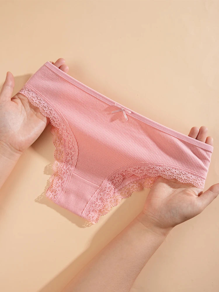 8PCS Women's Cotton Fabric Panties Sexy Lace Bowknot Solid Color Bikini Underpants Fashion Double Straps Comfortable Underwear