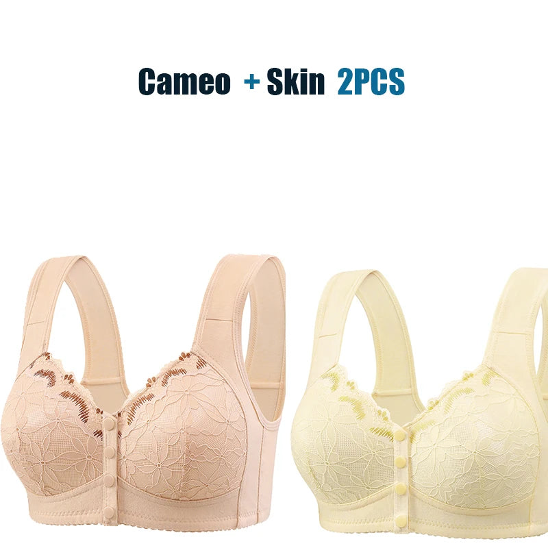 Soft Cotton Thin Cup Front Buckle Underwear Middle-aged Elderly Women Lace No Underwire Vest Type Extra Large Comfortable Bra