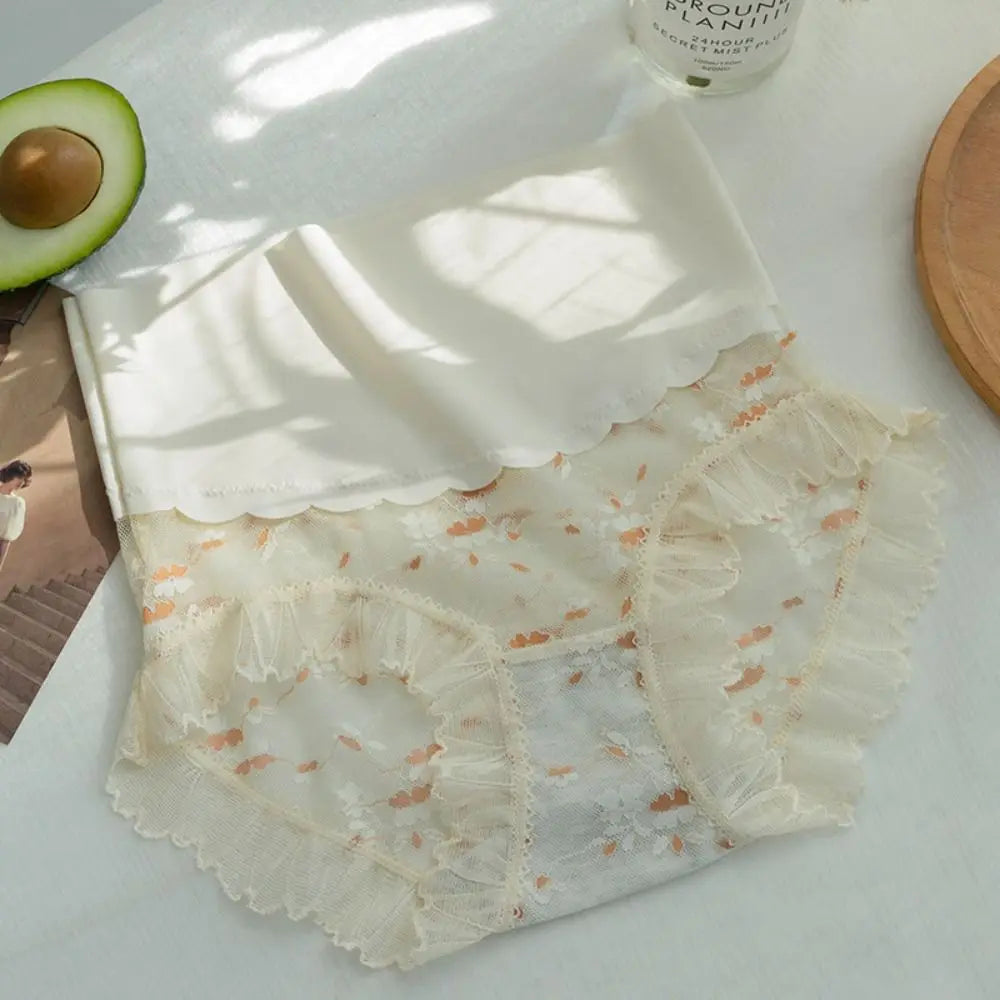 Ultrathin Lace Panties for Women Cotton Crotch Ice Silk Mesh Flower Briefs High Waist Underpants Seamless Underwear Gifts