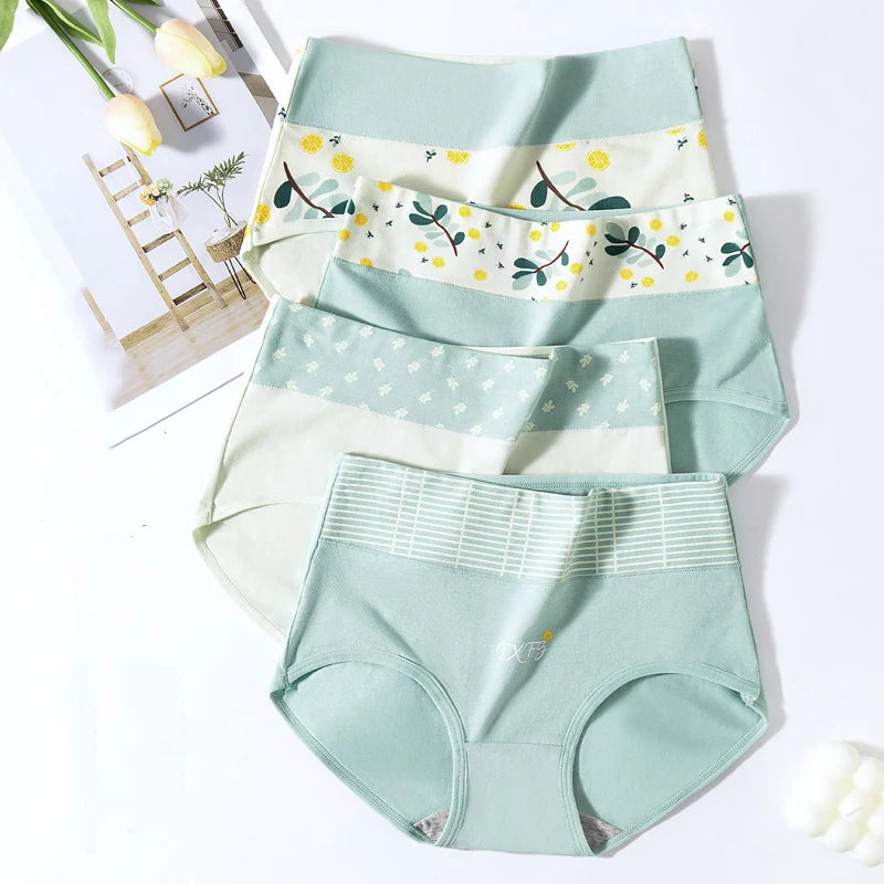 4Pcs Cotton Women Panties High Waist Underwear Print Pantys Ladies Briefs Breathable Plus Size Underpants Sexy Female Lingerie