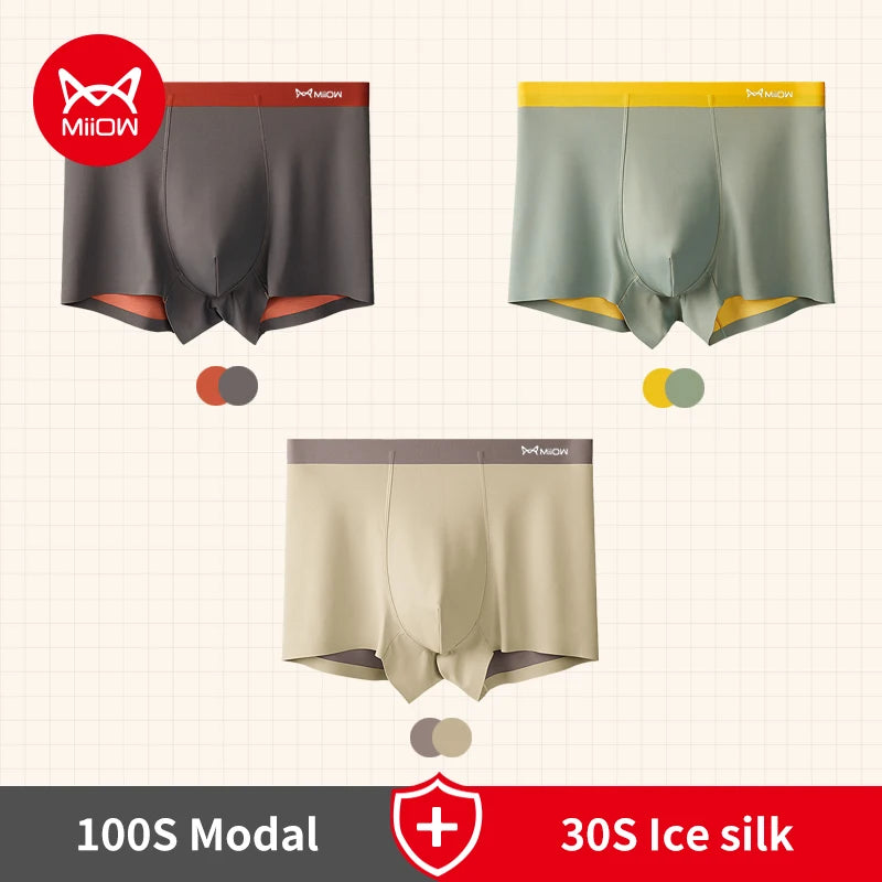 MiiOW 3pcs 100S Modal Men Boxers Underwear Ice Silk Light Men's Panties Boxershorts 5A Antibacterial Breathable Man Underpants