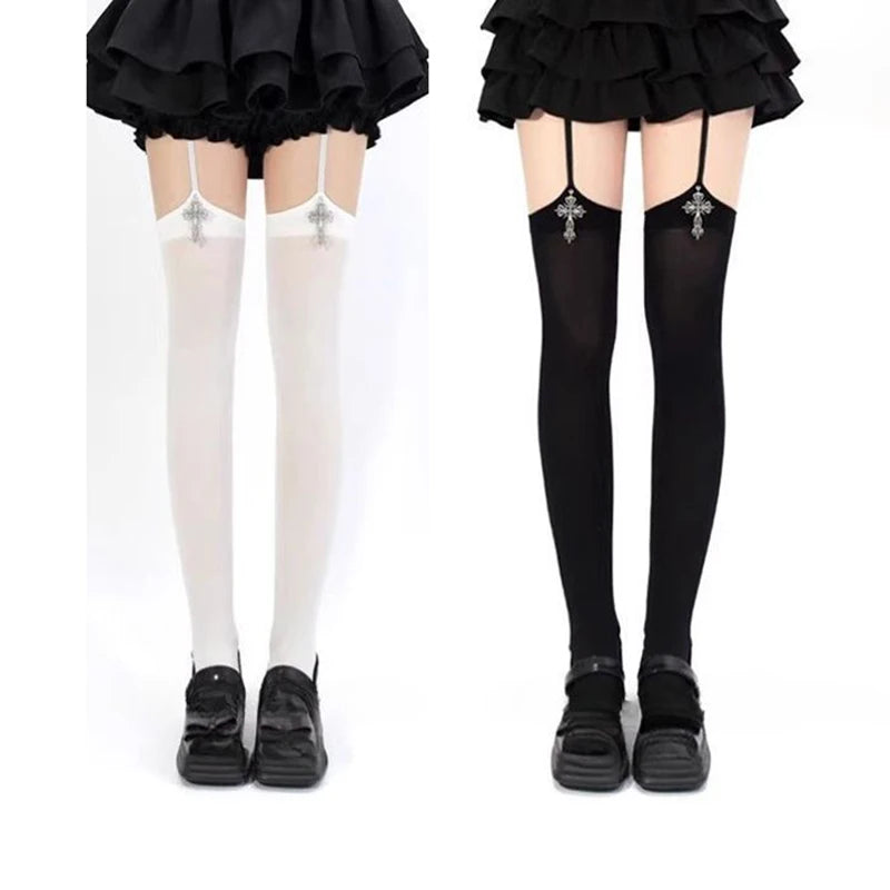 1/2pairs Gothic Cross Decoration Tight for Women Stockings Solid Color Thin Thigh High Lolita Over Knee Stockings