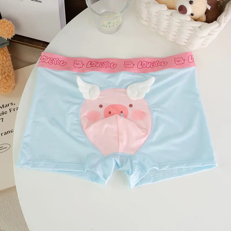 Cute Boys Flat Boxers Ice Silk Pink Piggy Men Underwear Cartoon U Convex Pouch Boxer Shorts Summer Panties Briefs Boyfriend Gift