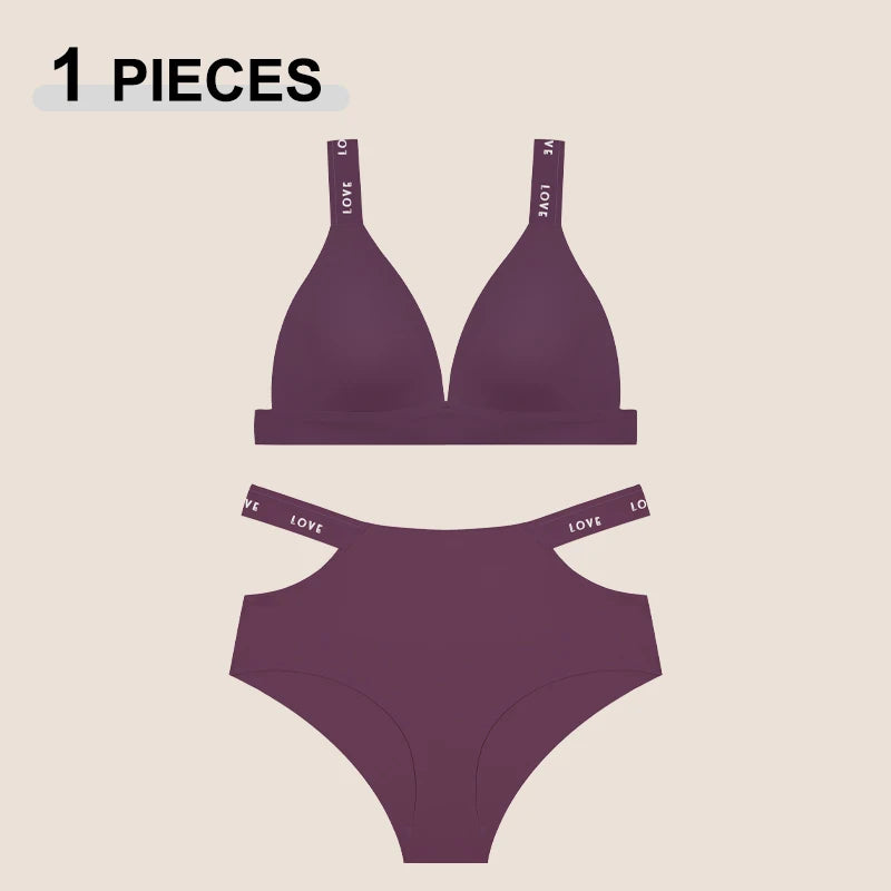2PCS Women's Sexy Letter Seamless Ice Silk Bra Panties Set High Elastic Hollow Cross Waistband Panties No Wire Push Up Brassiere