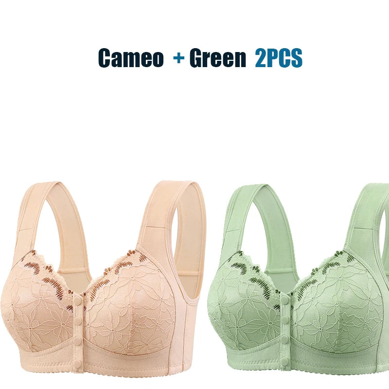 Soft Cotton Thin Cup Front Buckle Underwear Middle-aged Elderly Women Lace No Underwire Vest Type Extra Large Comfortable Bra