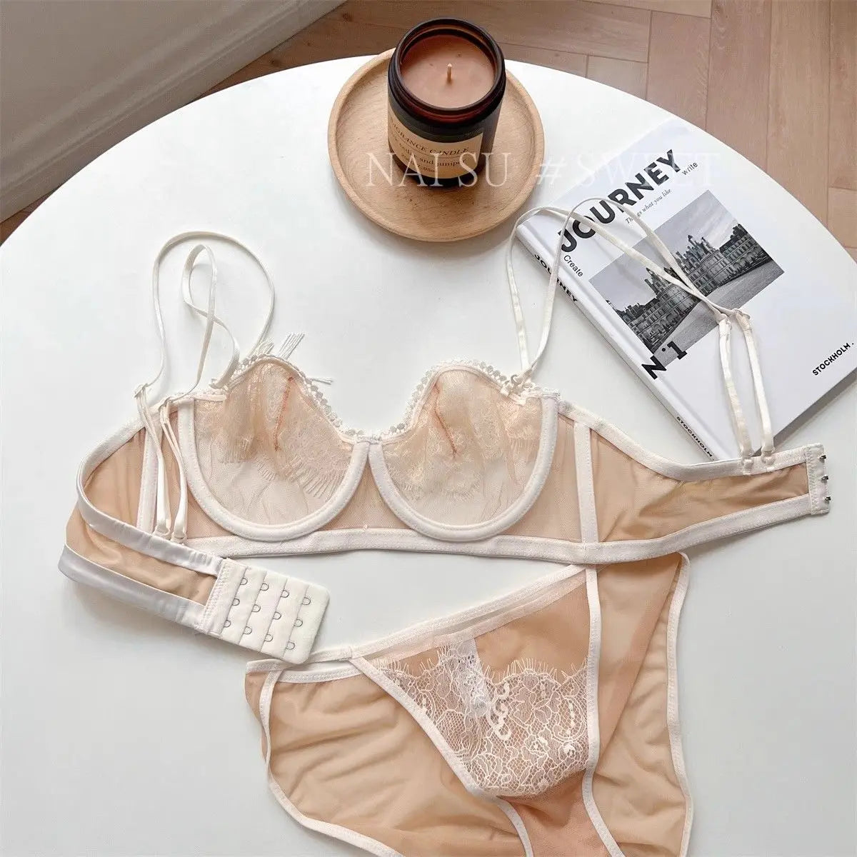 MOYISU Premium Sheer Mesh Bra Set Fringed Lace Half-Cup Minimizer, Ultra-Thin Luxury Lingerie Full Bust Coverage Slim Silhouette