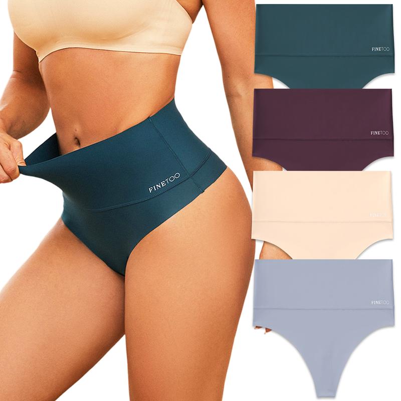 FINETOO Women High Waist Seamless Thongs Tummy Control Underwear Soft Stretchy Bikini Panties No show T-back S-3XL Comfy Womenswear 4pcs Springtok