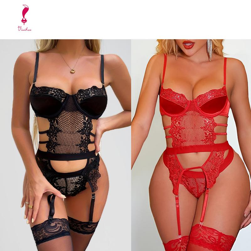 Four piece set of women's sexy jumpsuit underwear (with steel ring/thong/paired with a pair of stockings) European and American sexy underwear hot and tempting comfort belt steel ring thong high-end women's sexy underwear set