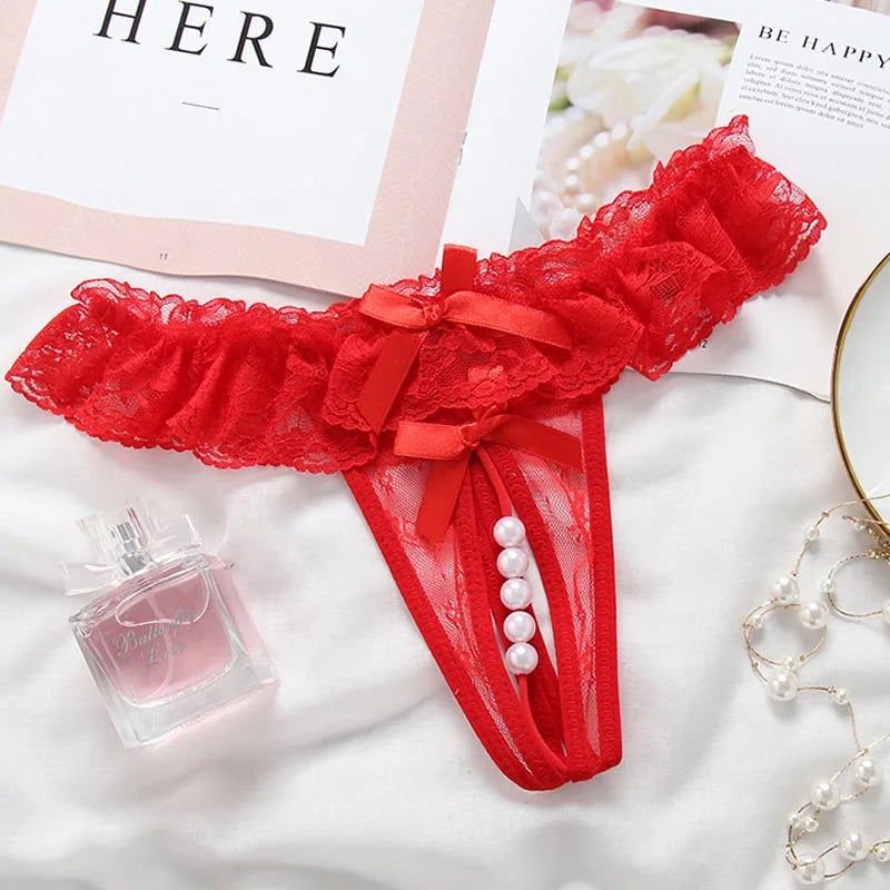 women's underwear Opening Crotch Pearls Thongs G-String transparent sexy panties female lace low-waist Crotchless briefs Women