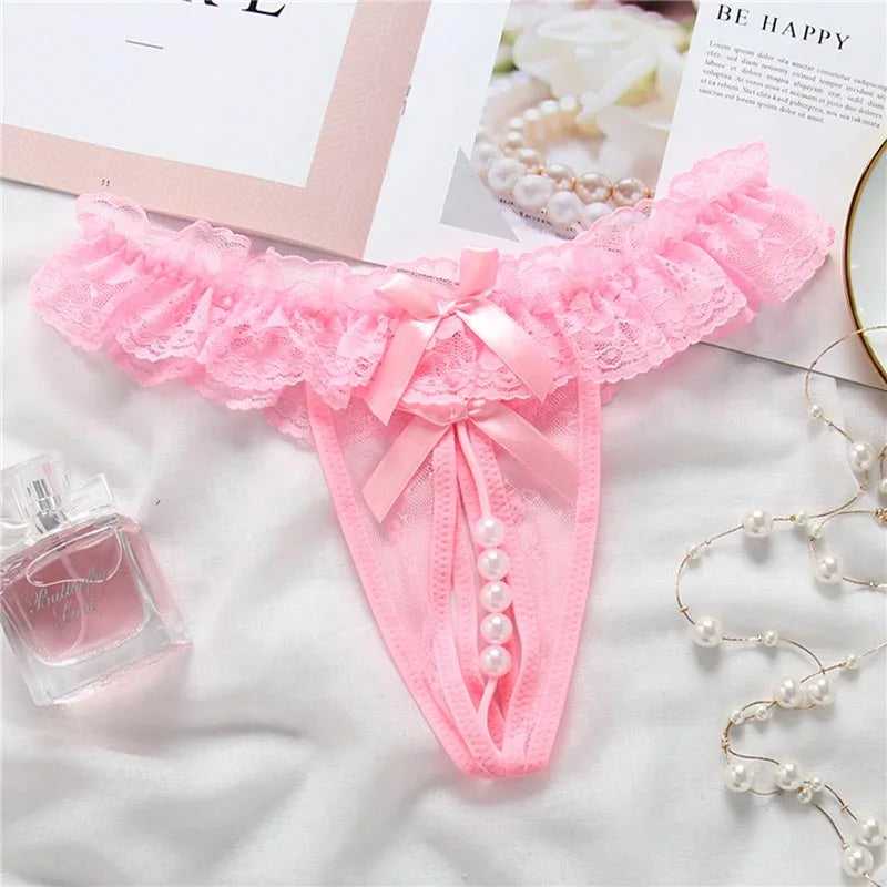women's underwear Opening Crotch Pearls Thongs G-String transparent sexy panties female lace low-waist Crotchless briefs Women