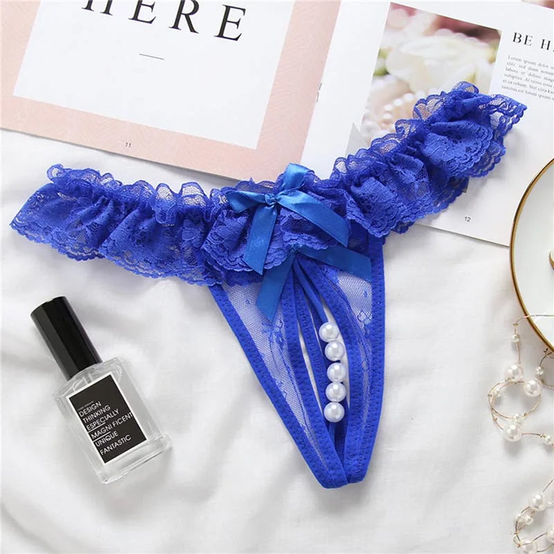 women's underwear Opening Crotch Pearls Thongs G-String transparent sexy panties female lace low-waist Crotchless briefs Women