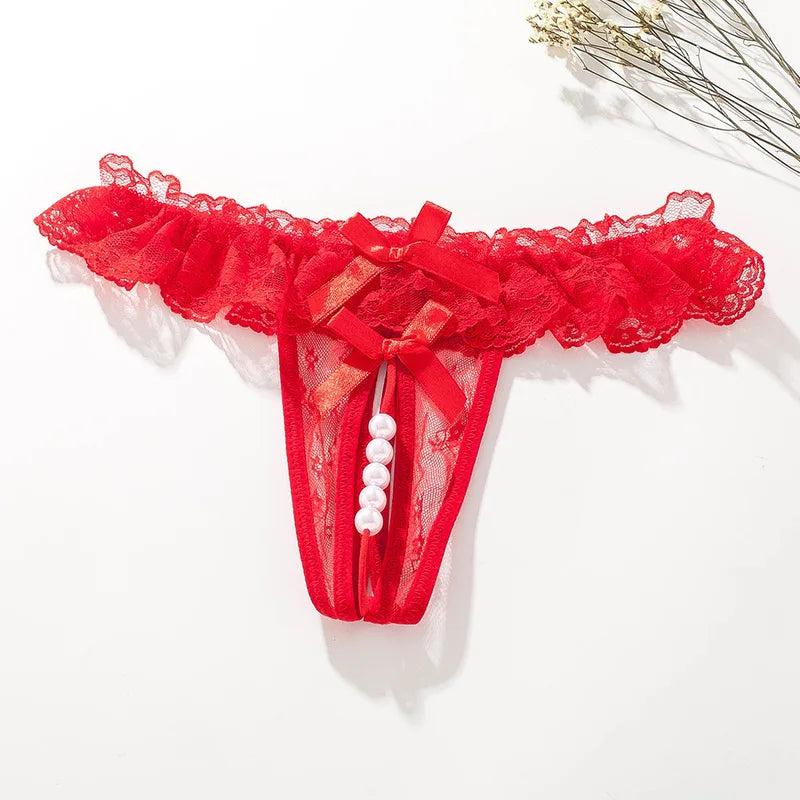 Sexy String Lace Underwear Women Back Bow Panties Women G String T-back Thong Transparent Lingerie Cute with Pearls Panties New
