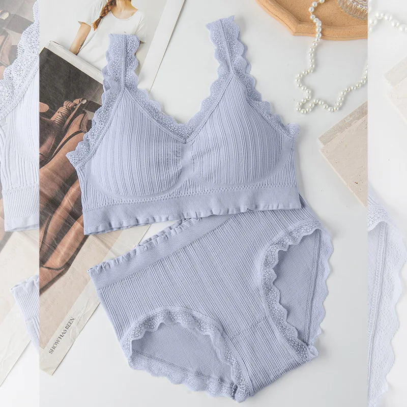 New Ladies Seamless U-Shaped Lace Back Bra Set Without Steel Ring Sexy V-Neck Back Underwear Panty Set Female Comfortable Bra