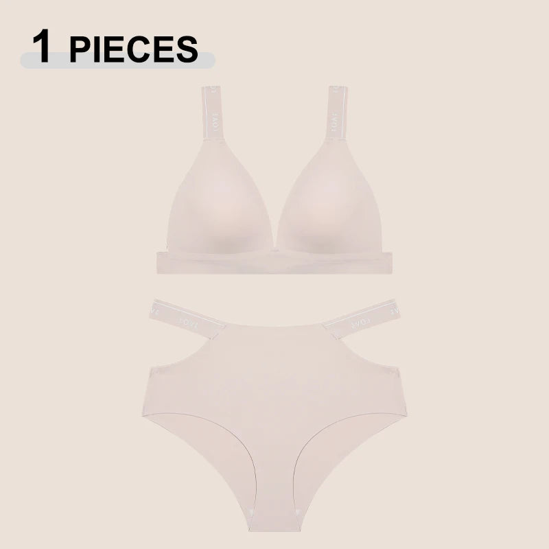 2PCS Women's Sexy Letter Seamless Ice Silk Bra Panties Set High Elastic Hollow Cross Waistband Panties No Wire Push Up Brassiere