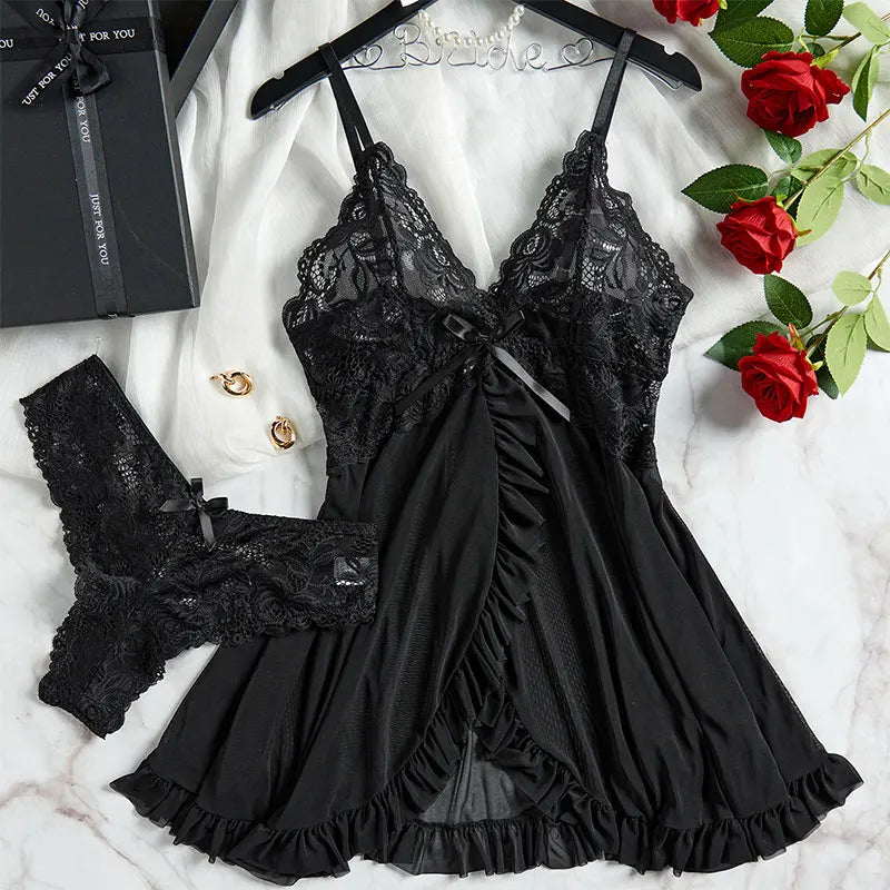 Women Exquisite 2 Pcs Set Lace Nightgown Homewear New Green Nighttime Pajamas Transparent Split Nightdress V Neck Bra Panty Sets
