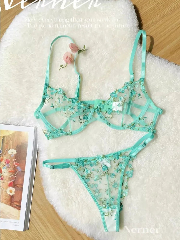 Romantic Floral Lingerie Set Women French Tulle Bra Embroidered Lace Underwear Sexy Sweet Sheer Pink Bralette Panty Set MOYISU