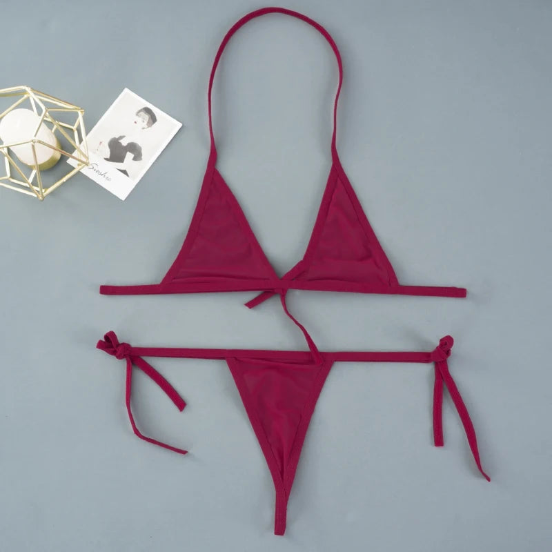 Sexy Mini Bra Sets Wirefree Ultra-thin Mesh Unlined Bra Brief Set Black Transparent 2 Pieces Halter Women's Exotic Lingerie Sets