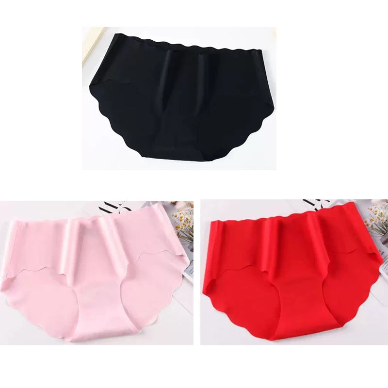 3PCS Women's Seamless Panties Sexy Icesilk Briefs Breathable Wavy Edge Mid-Waist Arm-Raising Female Close-Fitting Underwear